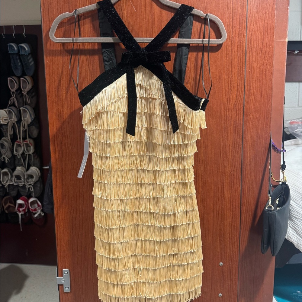Anthropologie Black and Gold Fringe Mini Dress
